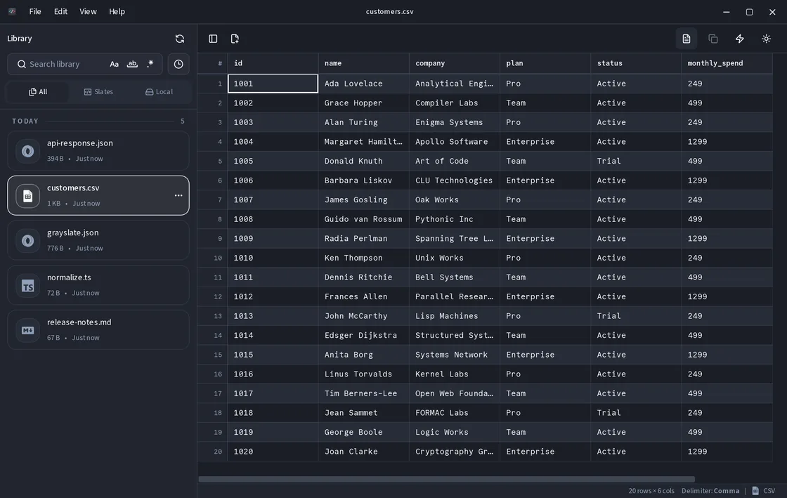 A CSV file open in Grayslate's virtualized table