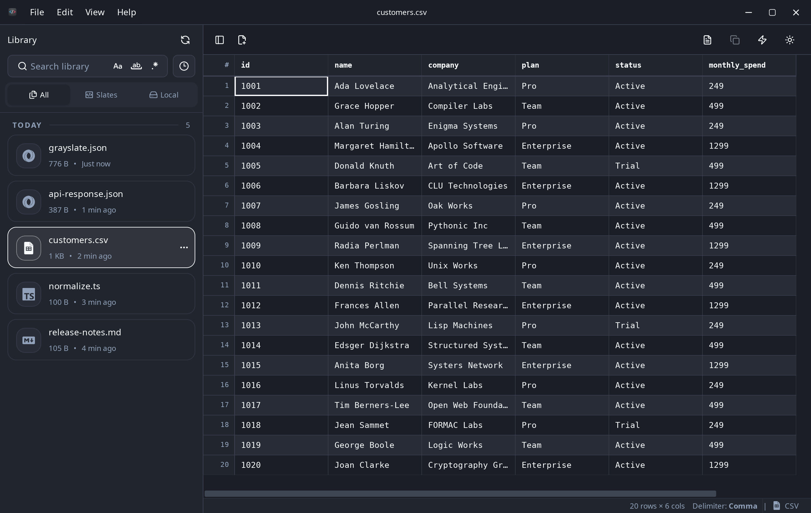 A CSV file open in Grayslate's virtualized table