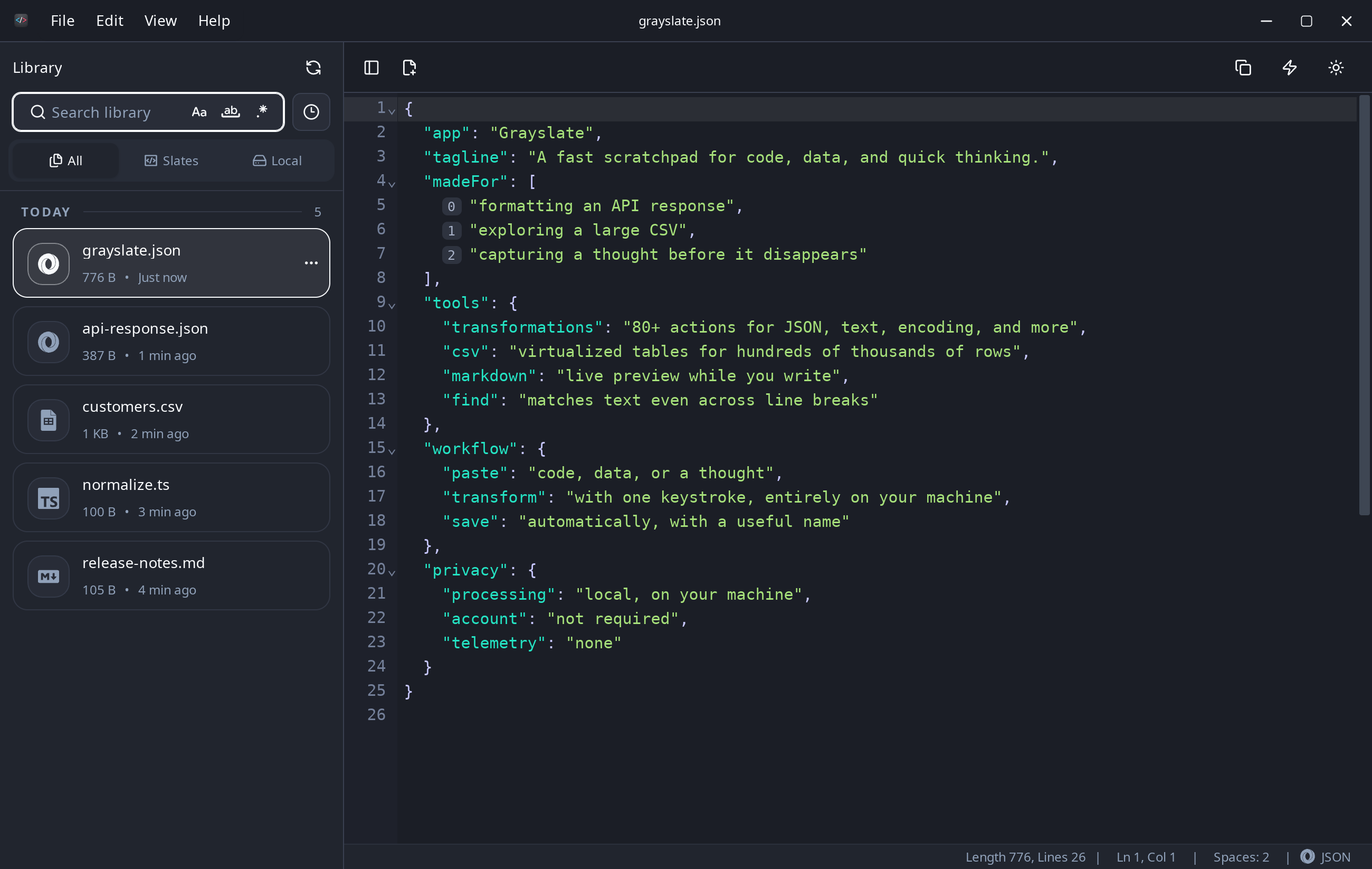 Grayslate showing a JSON document and automatically saved slates
