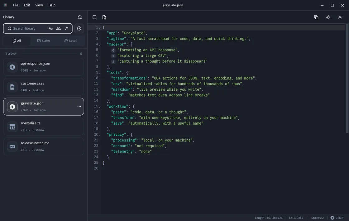 Grayslate showing a JSON document and automatically saved slates