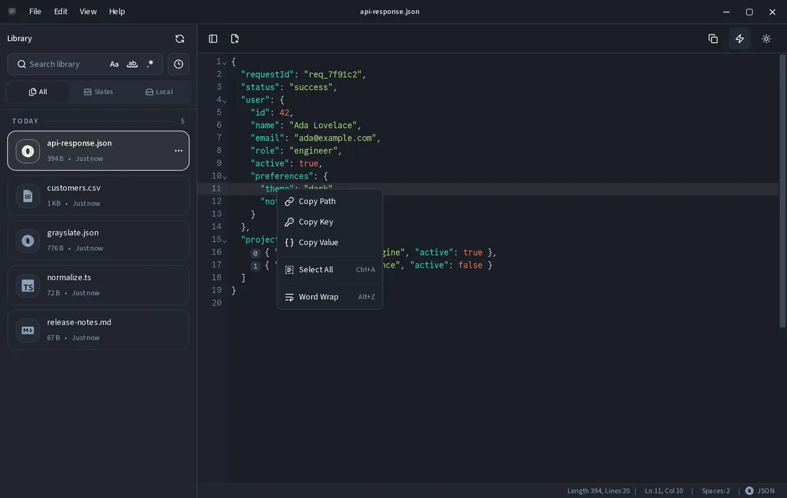 Grayslate JSON context menu with copy actions