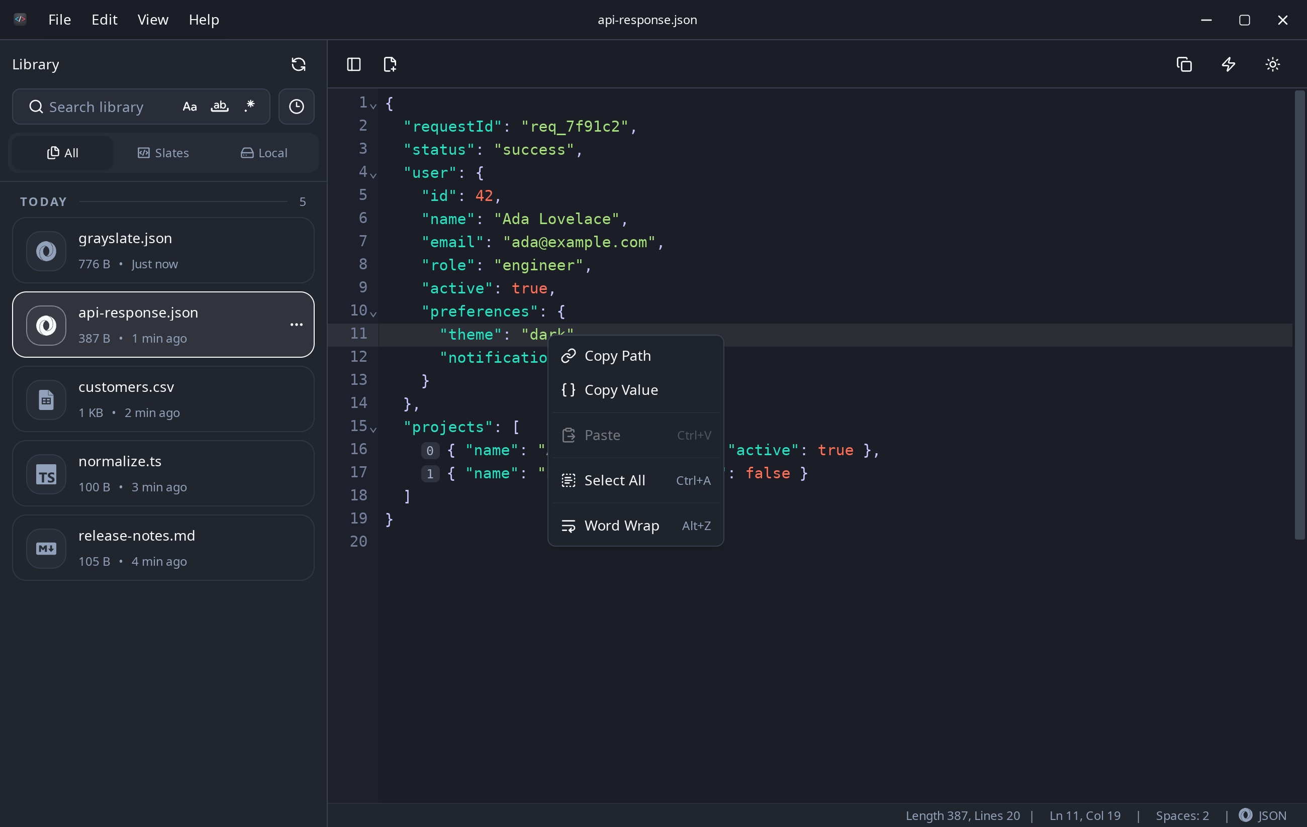 Grayslate JSON context menu with copy actions