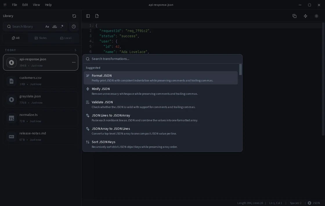 Grayslate transformations palette with JSON actions